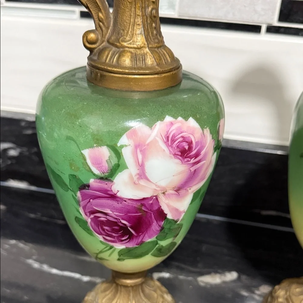 Pair Of Antique Hand Painted Milk Glass Rose EWERS Gorgeous Pink Roses 17